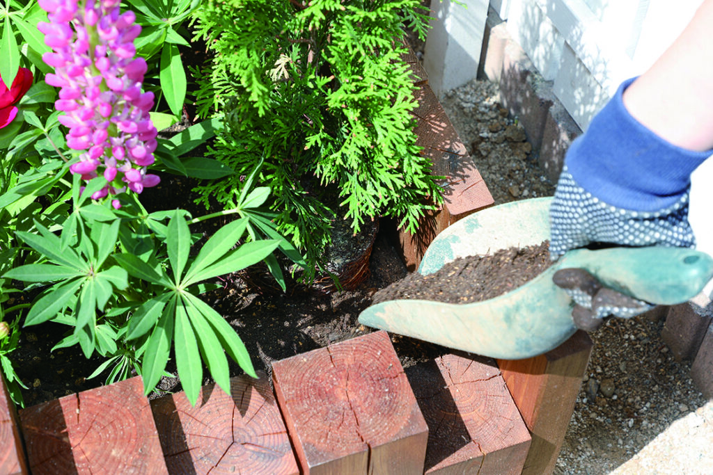 木の温もりが草花の美しさを引き立てる　ウッド花壇